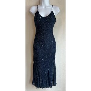 Vintage 90s Y2K Cassandra Stone Silk Beaded Slip Dress 10 Blue Formal Prom Fairy